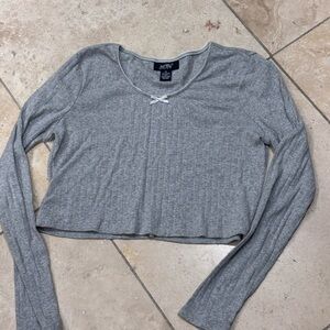 Just Polly Gray Ribbed Long Sleeve Crop Top with Front Bow